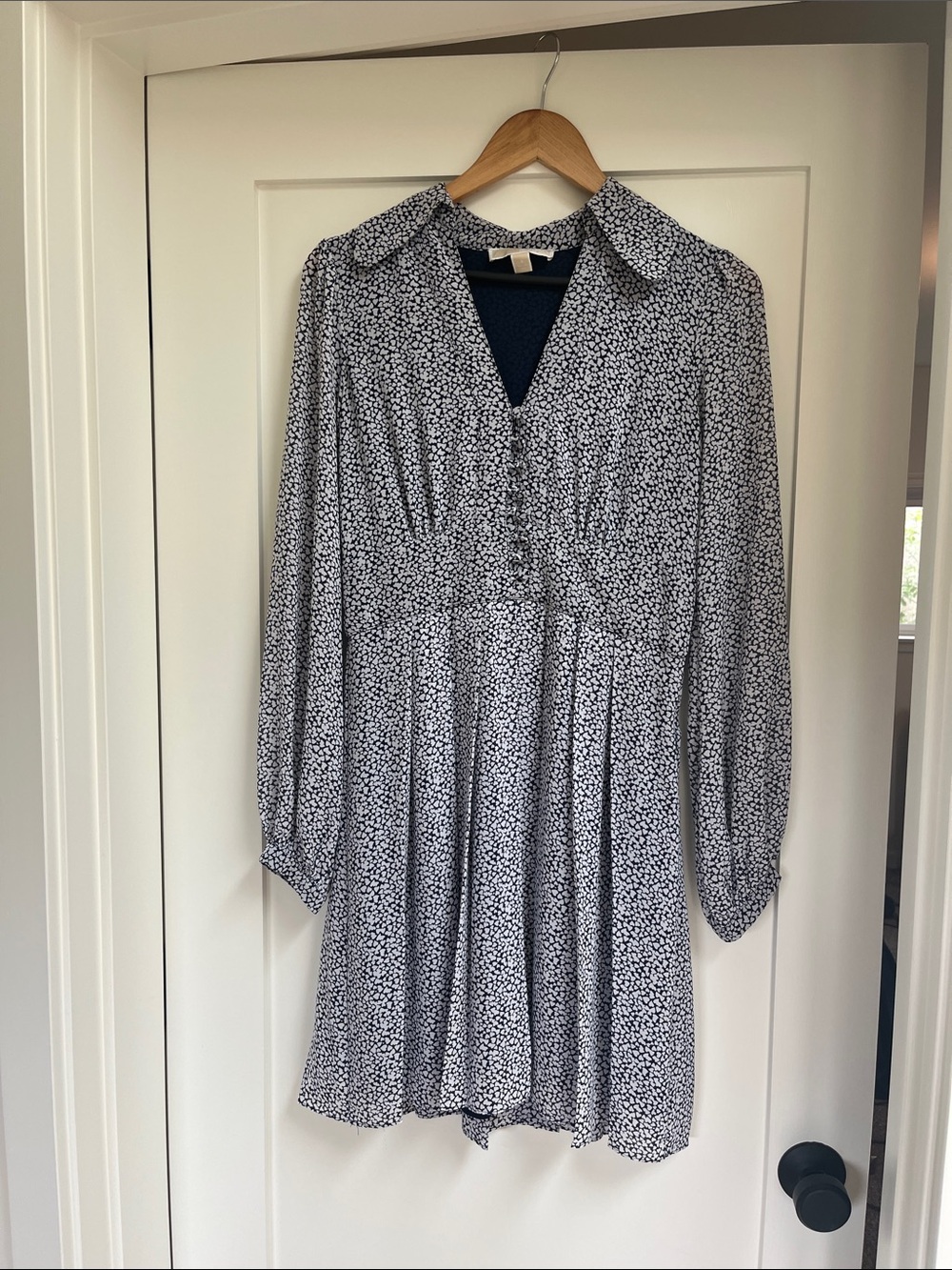Michael Kors Blue and White Ditsy Floral Long Sleeve Dress